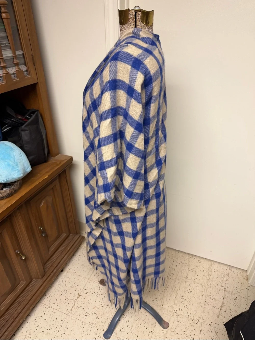 A New Day Blue Cream Buffalo Plaid Ruana Poncho Wrap Shawl One Size Fringe